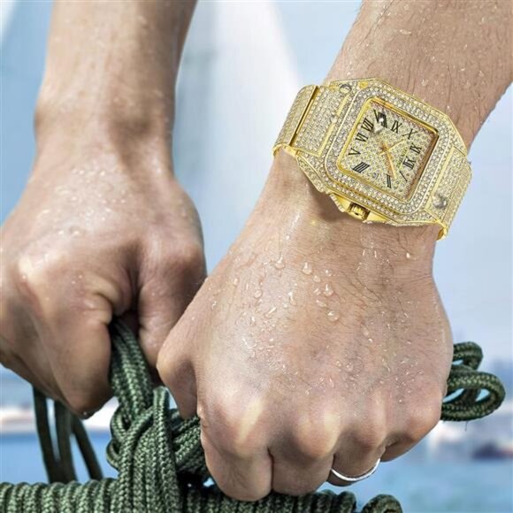 Hip Hop Men's Crystal Watch Bling Bling Watch Rectangle Case Stainless Steel - Picture 6 of 7